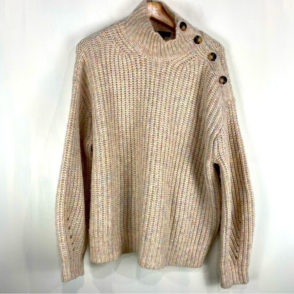 J. Crew Button Wool Alpaca Chunky Knit Ribbed Mock Neck Pullover Sweater Large
